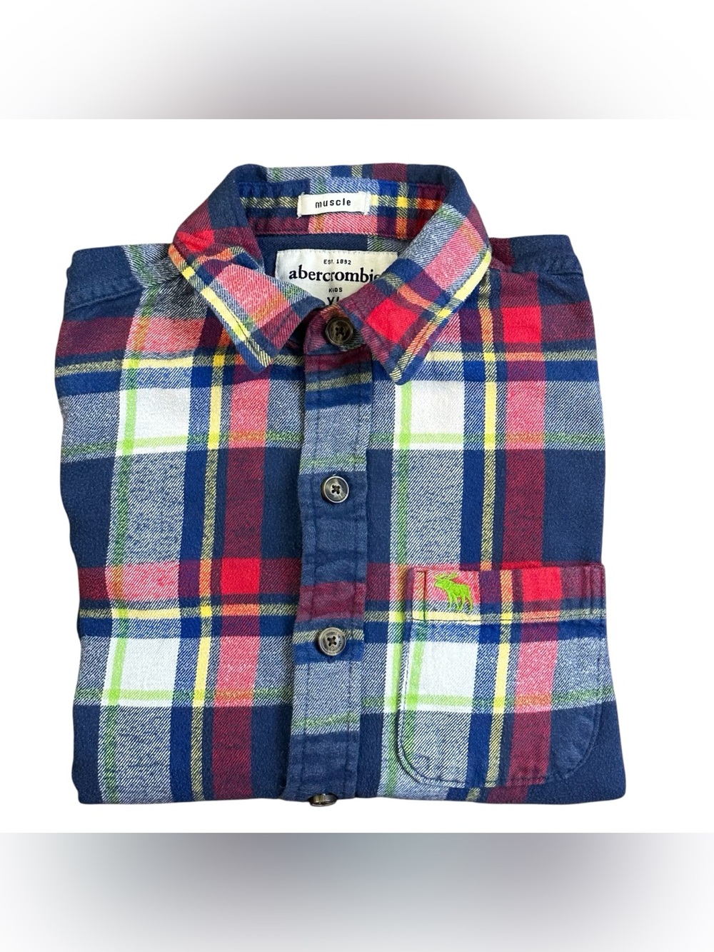 Abercrombie Kids Muscle Flannel Plaid Button Up Shirt Boys XL Red Blue Green